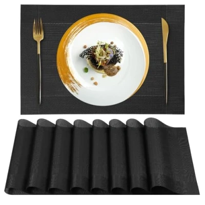 Afbeelding van Gucass Placemats, pvc, wasbaar, hittebestendig, antislip, voor keuken, restaurant, eettafel, 45 x 30 cm, zwart, 8 stuks