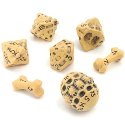 Afbeelding van DND Dice Set van 7 Skull &amp; Bone RPG Dobbelstenen D20, D12,%D10, D10, D8, D6 D4 zijdig. Ideaal voor Dungeons Dragons, Warhammer, D&amp;D, Pathfinder, D and (Geel)