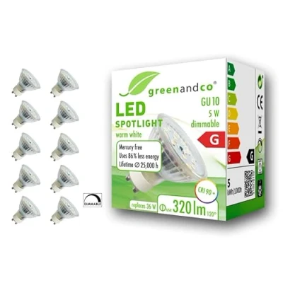 Afbeelding van 10x greenandco® CRI 90+ dimbare LED spot vervangt 36W GU10 5W 320lm 3000K warm wit 110 230V, flikkervrij
