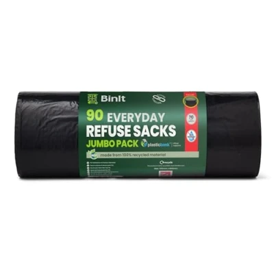 Afbeelding van BinIt 90 stuks vuilniszakken met platte bovenkant, gerecycled, scheurvast, 30 μm, ideaal voor dagelijks gebruik, thuis, kantoor, keuken en catering, 70 liter