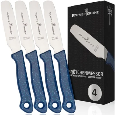 Afbeelding van Schwertkrone Botermessenset van 4 Roestvrijstaal met Stijlvol Blauw Handvat, Vaatwasserbestendig, Ideaal voor Brood &amp; Smeer