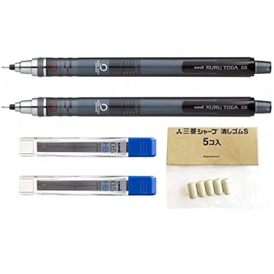 Afbeelding van Uni Ball Kuru Toga 0,5 mm Self Sharpening Mechanical Pencil Smoke Barrel Pack van 2 + 24 Free Leads and 5 Erasers