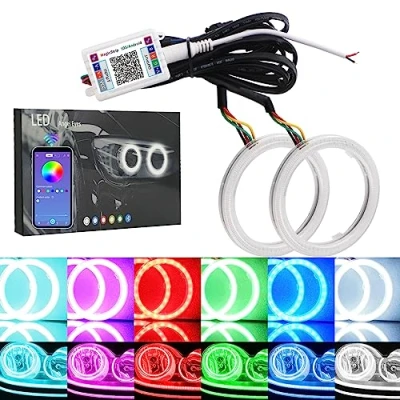 Afbeelding van Qasim 1 paar 90 mm Angel Eyes RGB LED COB Halo Ring Universeel voor DRL Auto Koplamp Motorfiets Waarschuwingslamp met Cover Bluetooth Mobiele APP 12V DC