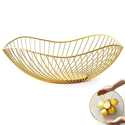 Afbeelding van Fruitmanden, goudkleurig metaal, fruitmand van ijzer, fruitschalen in de woonkamer, broodmand, fruitschaal, holle fruitmand, mand, schaal, decoratie, opslag voor fruit, groenten, snacks en brood
