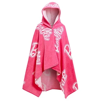 Afbeelding van Barbie grote badhanddoek met capuchon voor meisjes, 100% katoen, poncho, strandhanddoek, badhanddoek, wikkeldoek, Roze