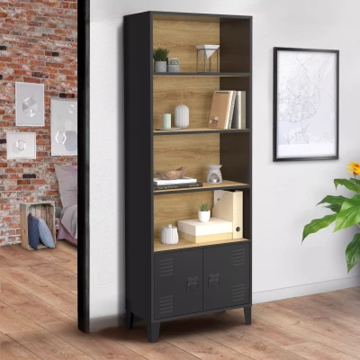 Afbeelding van ESTER 5 vaks boekenplank met zwarte metalen deuren en houten blad industrieel ontwerp