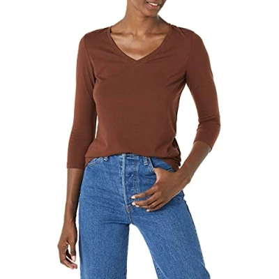 Image de Amazon Essentials T Shirt Col En v À Manches 3/4 Coupe Classique (Grandes Tailles Disponibles) Women&#039;s, Brun Foncé, M