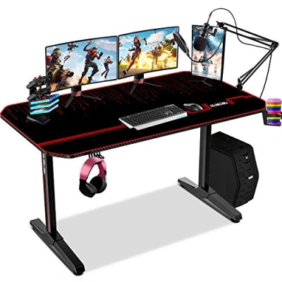 Afbeelding van 55 inch ergonomisch gaming bureau, T vormige pc game computerbureauwerkstation, thuiskantoor gamer professioneel gamingbureau met volledig bureaumuismat, bekerhouder en hoofdtelefoonhaak