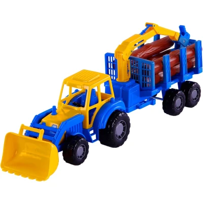 Afbeelding van Cavallino Toys Junior Tractor met Kraan Aanhangwagen en Hout, 46cm