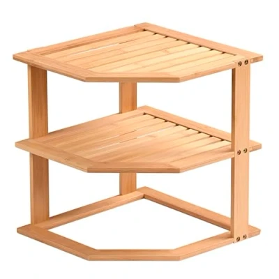 Afbeelding van Kesper Keuken aanrecht hoek etagiere 2 niveaus bamboe rekje/organizer 25 x 28 cm lichtbruin