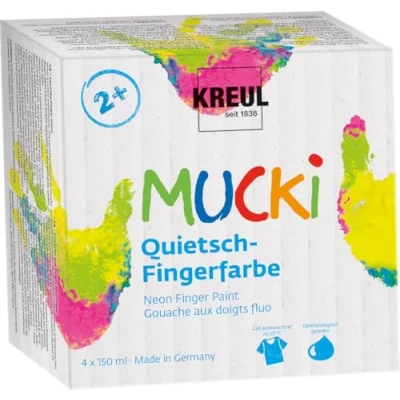 Afbeelding van Mucki, Kleuren + verf voor doe het zelvers, Squeaky Vingerverf Set van 4 150 ml (Rustig, Geel, Roze, 900 ml)