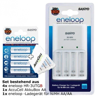 Afbeelding van Plug lader wit met 4x eneloop HR 3UTG en AccuCell AkkuBox AA
