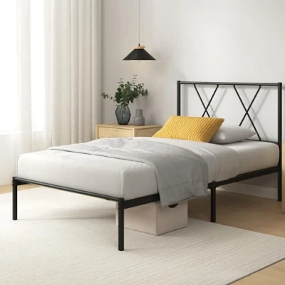 Afbeelding van Zinus Elias bed 90 x 200 cm, 30 cm hoog, metalen bedframe met hoofdeinde, lattenbodem, geen boxspringbed nodig, vrije ruimte onder het bed, zwart
