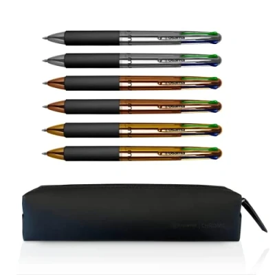 Afbeelding van OSAMA, Set van 4 gekleurde pennen kleuren chroom, 6 stuks + klein etui stijlvolle meerkleurige balpen 1,0 mm met zwarte inkt, blauw, rood en groen, voor schrijfwaren