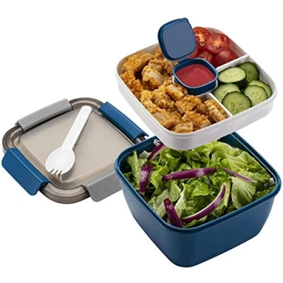 Afbeelding van MUJUZE lunchbox met onderverdeling in dozen, broodtrommel voor volwassenen en kinderen, duurzame bestek, kleuterschool, saladebox school, werk, picknick, reizen (blauw)