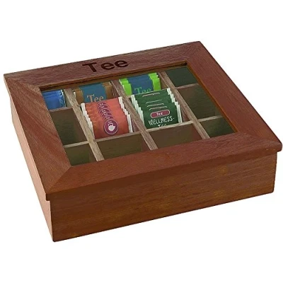 Afbeelding van APS Grote theedoos met 12 vakken ca. 30 x 28 cm, hoogte 9 rood bruin, houten box kijkvenster van acryl.