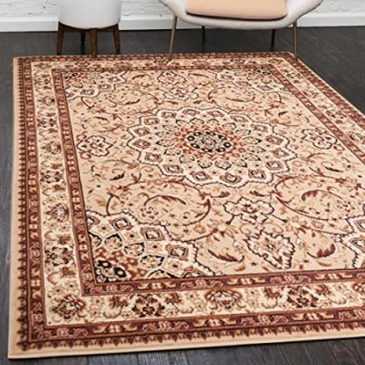 Afbeelding van Mazovia Vloerkleed voor de woonkamer, modern, vintage, oosters, motief, groot formaat, laagpolig, tapijt woonkamer en slaapkamer, beige, 160 x 220 cm