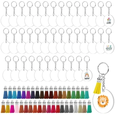 Afbeelding van Kurtzy Blank Ronde Acryl Sleutelhangers met Flosjes en Platbektang (40 pak) Sleutelhanger Diameter is 5cm Translucent Schijf voor Hobby, Vinylprojecten Cadeaus