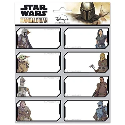 Afbeelding van Grupo Erik Set van 16 zelfklevende etiketten 8 x 4 cm, Star Wars The Mandalorian schooletiketten, kerstetiketten, voor notitieboeken en zakjes