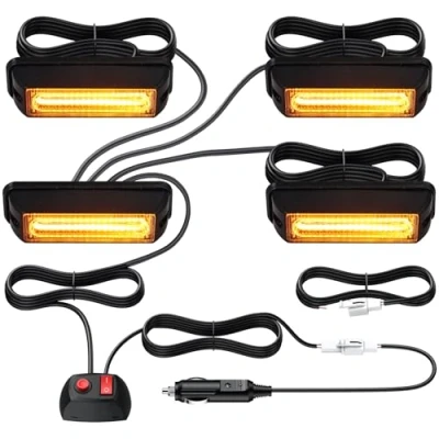 Afbeelding van Justech 4 stuks COB 12 V/24 V stroboscooplamp, waarschuwingslicht, barnsteen, waarschuwingsbaken met sigarettenaansteker voor voertuig, auto, aanhanger, caravan, bestelwagen, vrachtwagen, tractoren