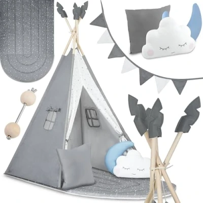 Afbeelding van Nukido, Tipi kindertent Teepee grijs met slinger, kussen, groot tapijt, stabilisator