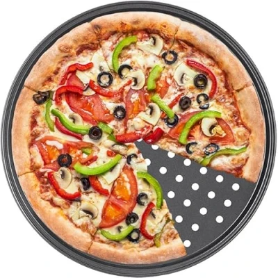 Afbeelding van Retoo 32 cm ronde pizzaplaat van koolstofstaal met gaten voor pizza en flambée, geperforeerd anti aanbakbakplaat veelzijdig diameter staal, pizzabakplaat antiaanbaklaag,