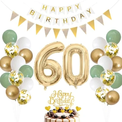 Afbeelding van Decoratieve ballon 60e verjaardag man vrouw saliegroene groen goud folieballon cijfer 60 met taartdecoratie voor jaar