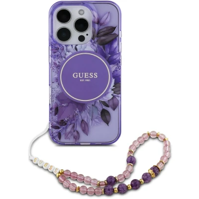 Afbeelding van Guess Hoesje Geschikt voor iPhone 16 Pro Met Koord MagSafe IML Case Flowers with beads strap paars