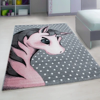 Afbeelding van Kids Eenhoorn Vloerkleed Kinderkamer Roze / Grijs Laagpolig 80x150 cm