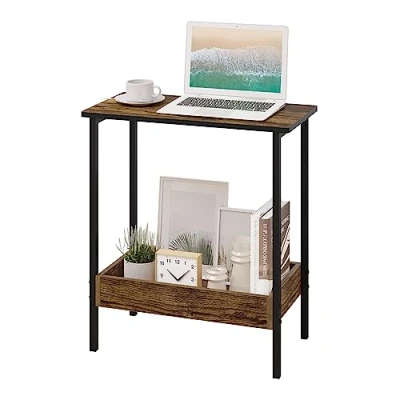 Afbeelding van WOLTU BTS03hov Bijzettafel, salontafel met 2 planken, consoletafel opbergruimte in de woonkamer, woonkamertafel van metaal en hout, kleine zwart donker eiken, 50 x 55 25 cm