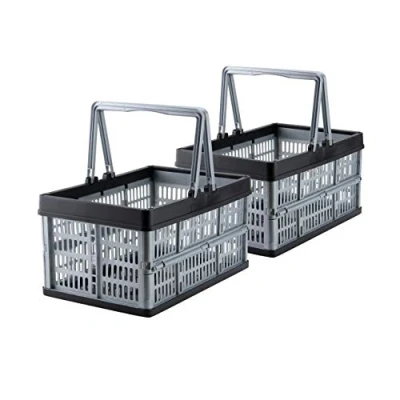 Afbeelding van Grizzly Set van 2 kleine opvouwbare vouwdozen met handvat, grijs, 16 liter, als boodschappenmand en kofferbakorganizer te gebruiken