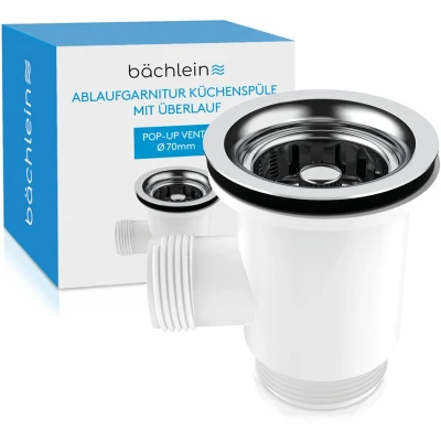 Afbeelding van Bächlein Afvoerplug Pop Up voor gootsteen [Ø 70mm met overloop] Keukengootsteen, gepolijste roestvrijstalen gootsteenafvoer, zeefkorfventiel mandventiel