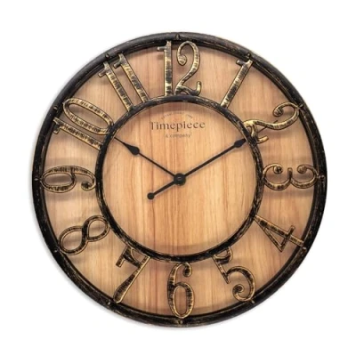 Afbeelding van K&amp;L Wall Art Grote vintage industriële wandklok in houtlook en metaal zonder tikkend geluid, 30 cm, bruin