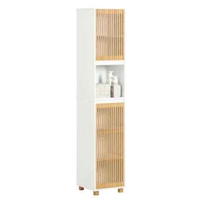 Afbeelding van SoBuy BZR127 W Badkamerkast, smalle plank, badkamerkast met 2 deuren, 1 vak, natuurlijk wit, 33 x 165 cm