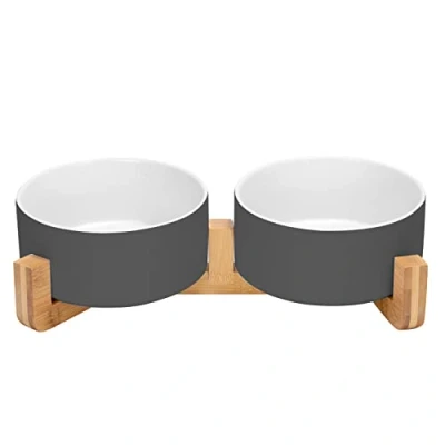 Afbeelding van Hondenbak, keramiek, grote hond, kattenbak, verhoogd, met bamboe standaard, voederbak voor honden en katten, 850 ml, wit grijs