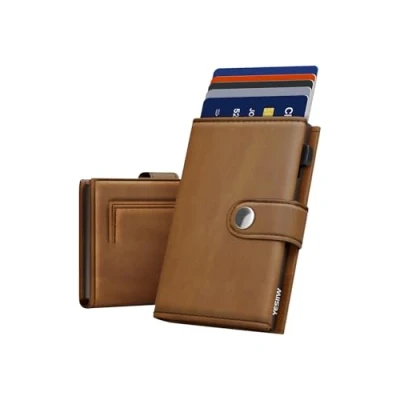 Afbeelding van YESIIW portemonnee voor heren van leer met RFID blokkering, intelligente minimalistische magnetisch muntvak, drievoudige creditcardhouder, sluiting, A003 bruin, Minimalistisch