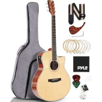 Afbeelding van Pyle Gitaar, Elektrische Akoestische Gitaar Set Volledige Maat Dreadnought Cutaway Staal Snaren met Verbeterde Gigbag Oplaadbare Tuner Natuurlijke Matte Afwerking