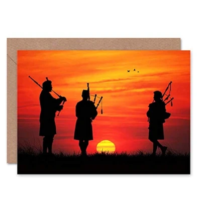 Afbeelding van Doedelzak Verjaardagskaart met Schots silhouet zonsondergang + blanco envelop aan de binnenkant