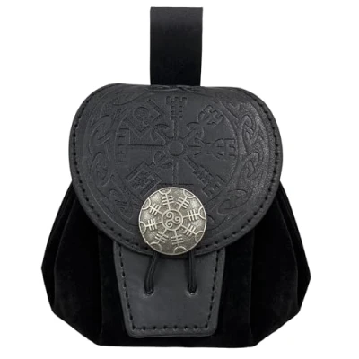 Afbeelding van HiiFeuer Renaissance retro reliëf kunstleer middeleeuwse riem zakje draagbare munt dobbelstenen tas voor LARP Ren Faire, Zwart A, Middeleeuws