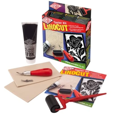 Afbeelding van Essdee Linocut Taster kit lino snijden voor beginners 2 SoftCut Carving Blocks 150x105mm inkt Roller 45mm gutsmesjes met handvat Zwarte