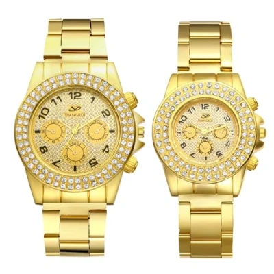 Afbeelding van JewelryWe paar roestvrij staal en diamant horloges: elegante strass quartz analoog partners vriendschap Gouden polshorloge stalen band Iced Out Valentijnsdag horloge,
