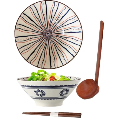 Afbeelding van Ramen Bowls, Kom, Porseleinen Japanse Bowl met lepel eetstokjes, slakommen