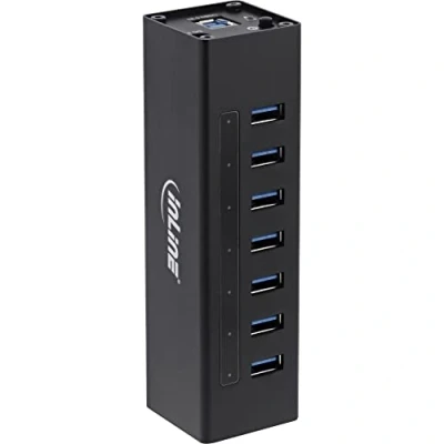 Afbeelding van InLine USB hub met 7 poorten USB3.0 externe 12V voeding / zwart 1 meter