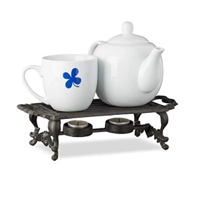 Afbeelding van Relaxdays 2x warmhoudplaat gietijzer schotelwarmer theelicht rechaud op waxinelichtjes