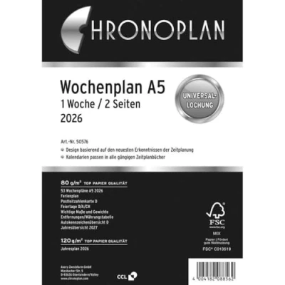 Afbeelding van Chronoplan 50576 Calendrier de rechange 2026 (calendrier hebdomadaire A5 (148 x 210 mm) pour planificateur détaillé, 1 semaine sur 2 pages en lignes, avec perforation universelle, blanc