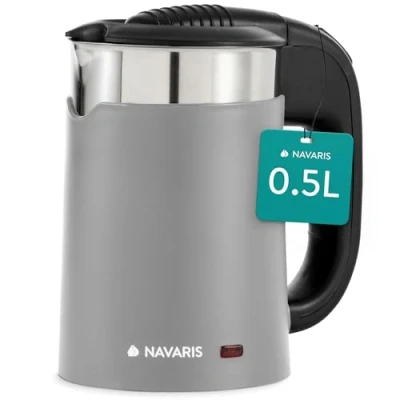 Afbeelding van Navaris waterkoker voor op reis 0,5l Roestvrij staal Inclusief 2 bekers 16 x 11 17 cm Mini travel camping Grijs