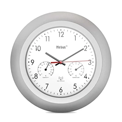 Afbeelding van MEBUS Funk Wanduhr met thermometer en hygrometer / zilveren frame wit ritsblad 29 cm diameter rond model: 19450 kleur: zilver,