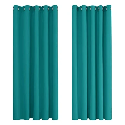 Afbeelding van Deconovo Warmte isolerende verduisteringsgordijnen, voor woonkamer en slaapkamer, modern design met oogjes, 168 x 183 cm (breedte hoogte), turquoise, 2 stuks