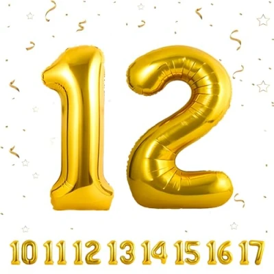 Afbeelding van Verjaardagsballonnen 12 goud 100 cm ballon cijfer 12, nummer Happy Birthday decoratie, ballonnen, verjaardagsfeest, jaren vliegen dankzij helium