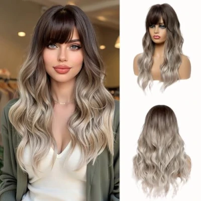 Image de Esmee Perruque Ombre brun à gris synthétique de 24 pouces long avec une ligne tête naturelle haute densité Perruques cheveux permanents la chaleur pour les femmes